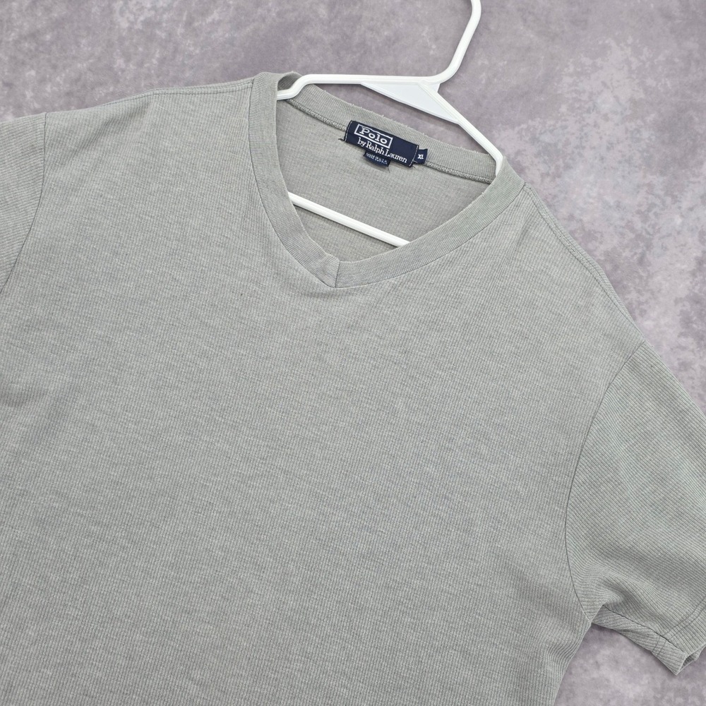 Vtg 90s‎ Polo Ralph Lauren Mens XL V-Neck Ribbed T-Shirt Gray Distress USA Made